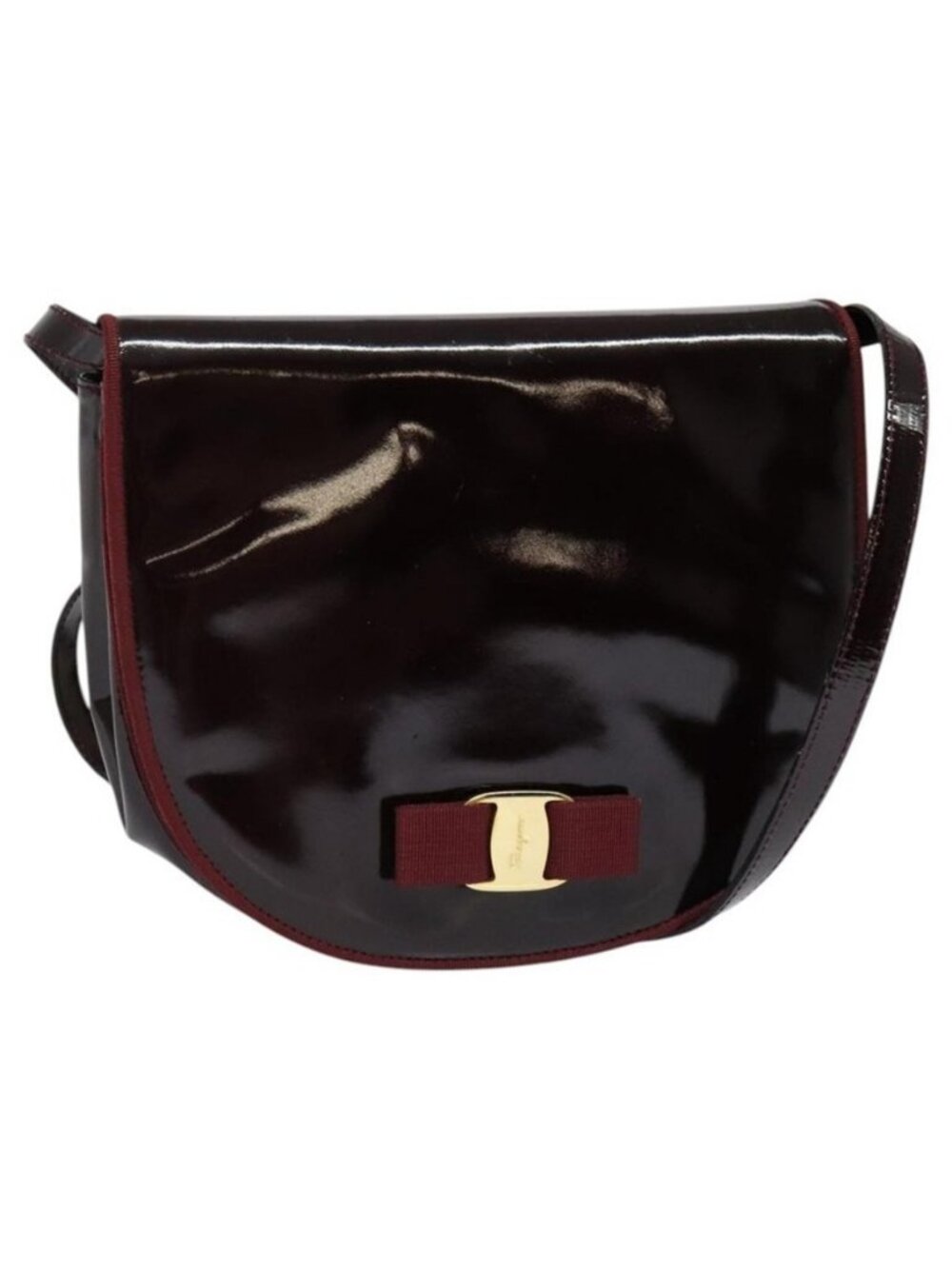 Authentic Salvatore Ferragamo Vala Shoulder Bag Patent leather Bordeaux Gold